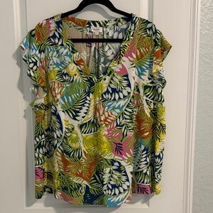 Vibrant Leaf Print Blouse with Ruffled Sleeves